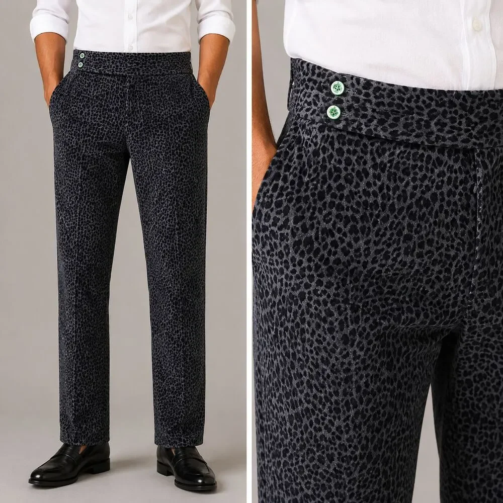 Mens Gurkha Pants 36 Gray Leopard Print High Waist Flat Front Slim Fit Trousers